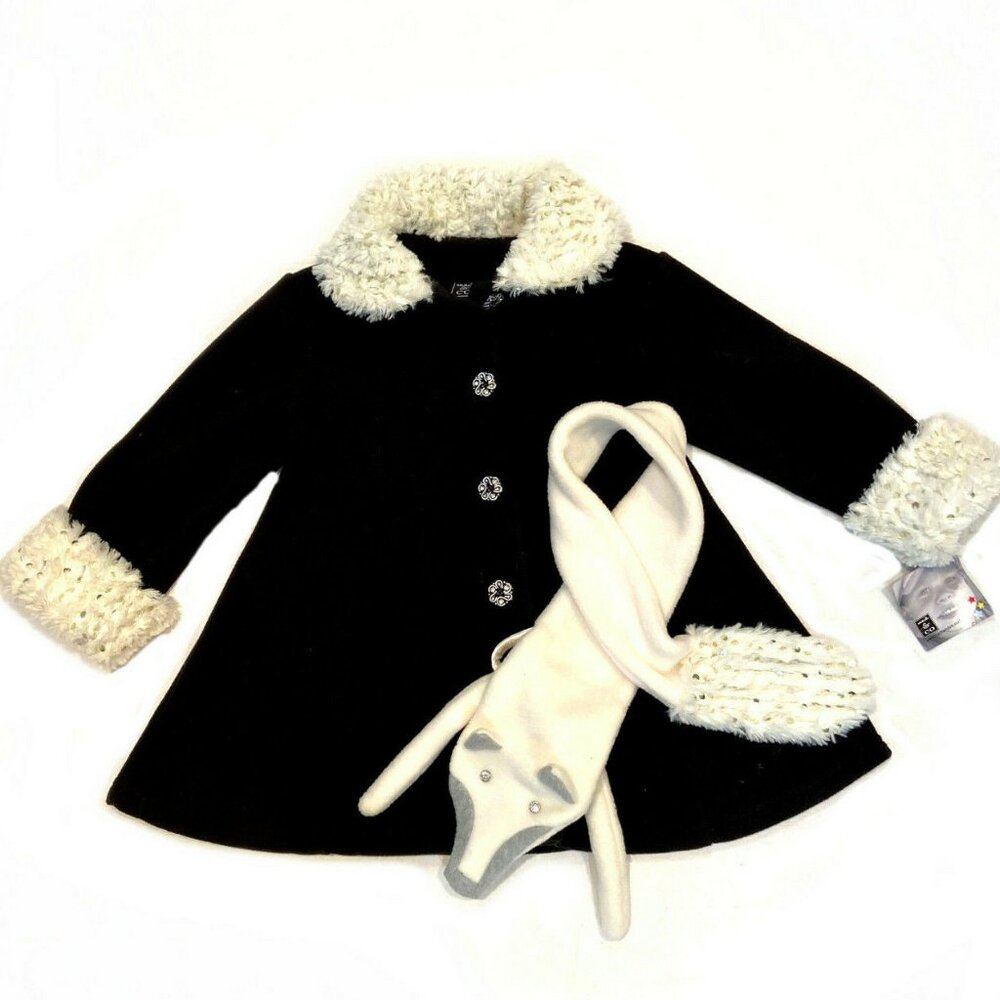 NEW Little Girls Mack & Co 2pc Black Fleece Girls Coat w/Ivory‎ Scarf 4 Last 1